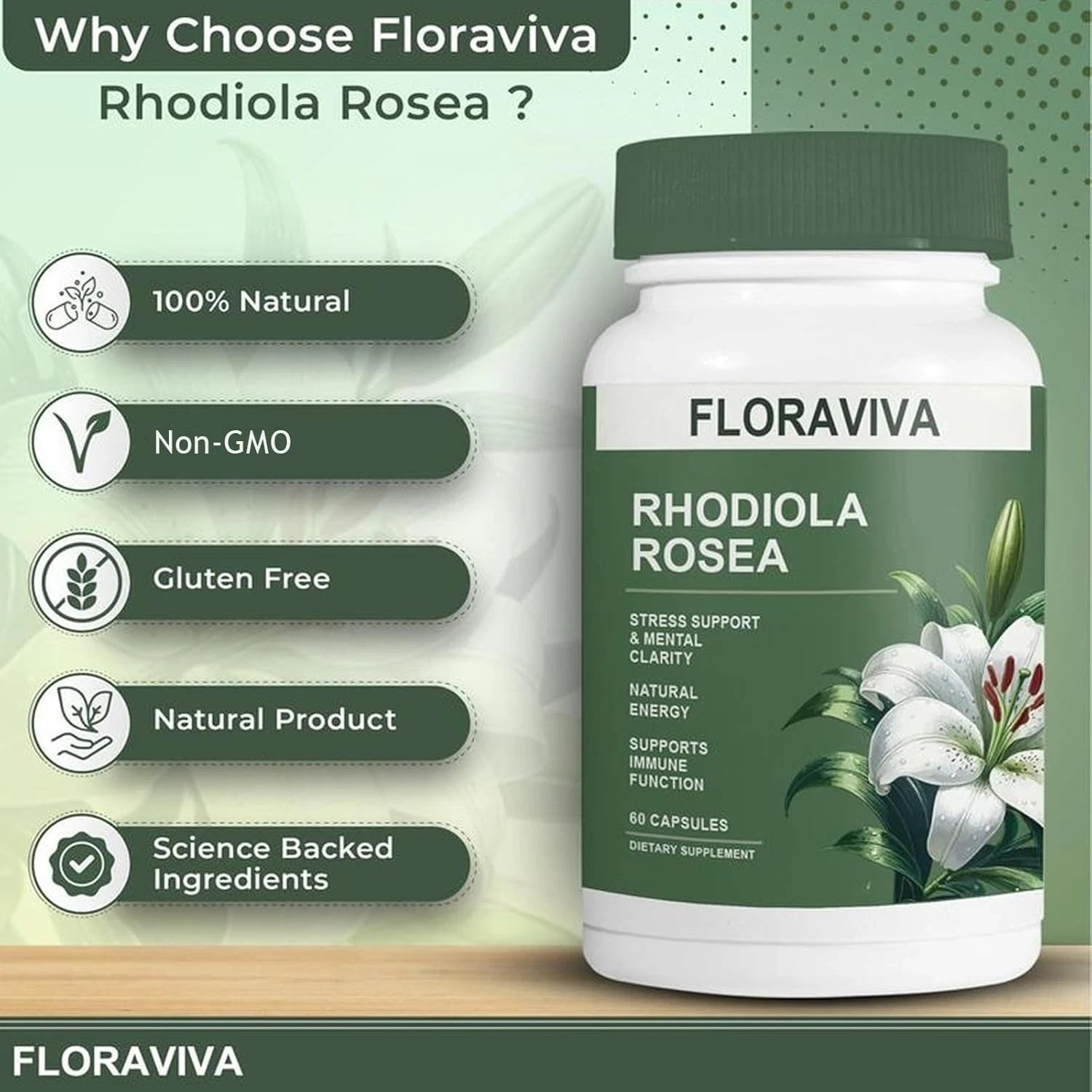 Floraviva Rhodiola Rosea Capsules Designed for Stress Relief & Energy,Non-GMO