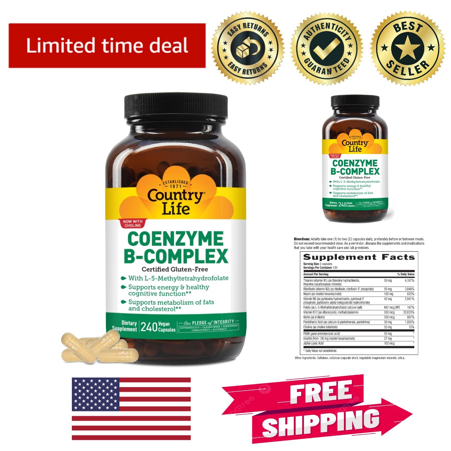 Easy-to-Swallow Coenzyme B-Complex – 240 Capsules for Energy & Cognitive Health