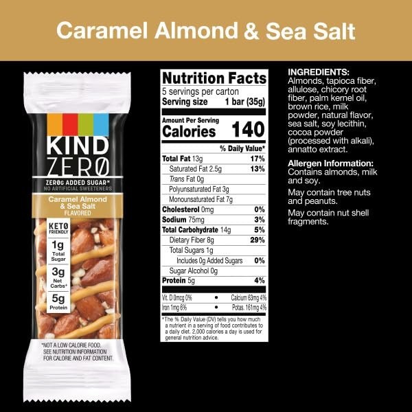 ZERO Added Sugar Bars, Keto Friendly Snacks, Caramel Almond and Sea Salt Fl