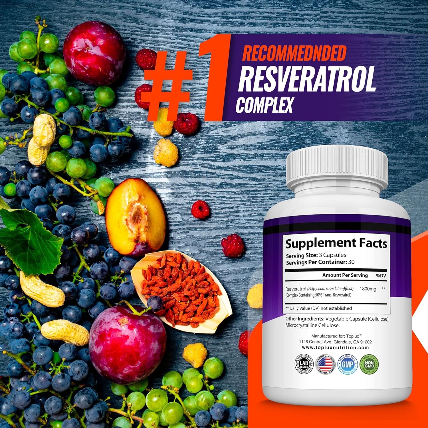 Supplement 1800 mg Antioxidant Complex-Highly Potent Trans-Resveratrol