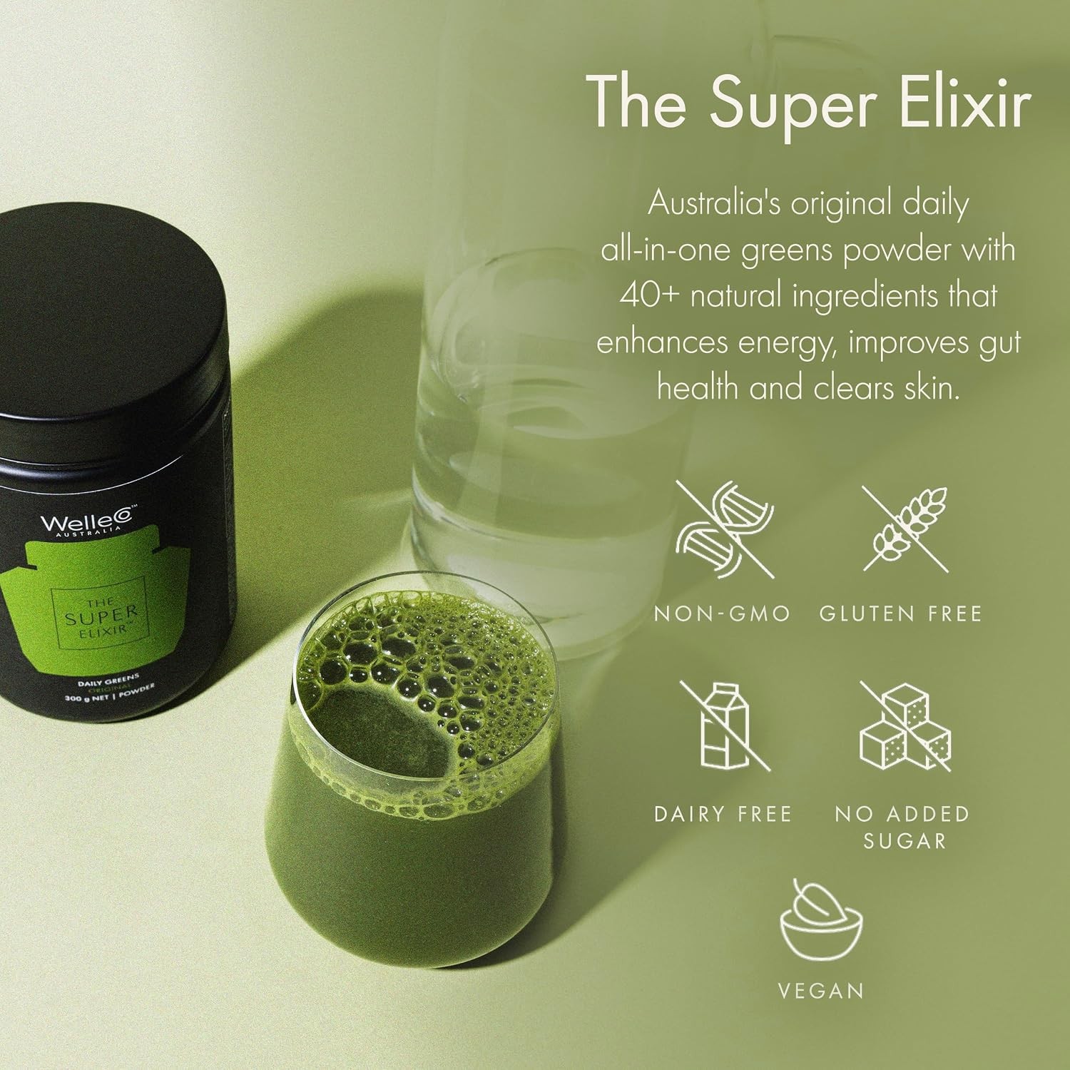 WelleCo The Super Elixir Daily Greens Powder, Probiotic Drink Mix with Whole F