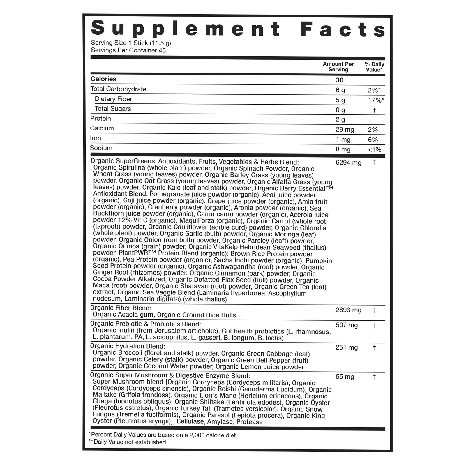 Zena USDA Organic Supergreens Fruits & Vegetables Powder, 45 Stick Packets