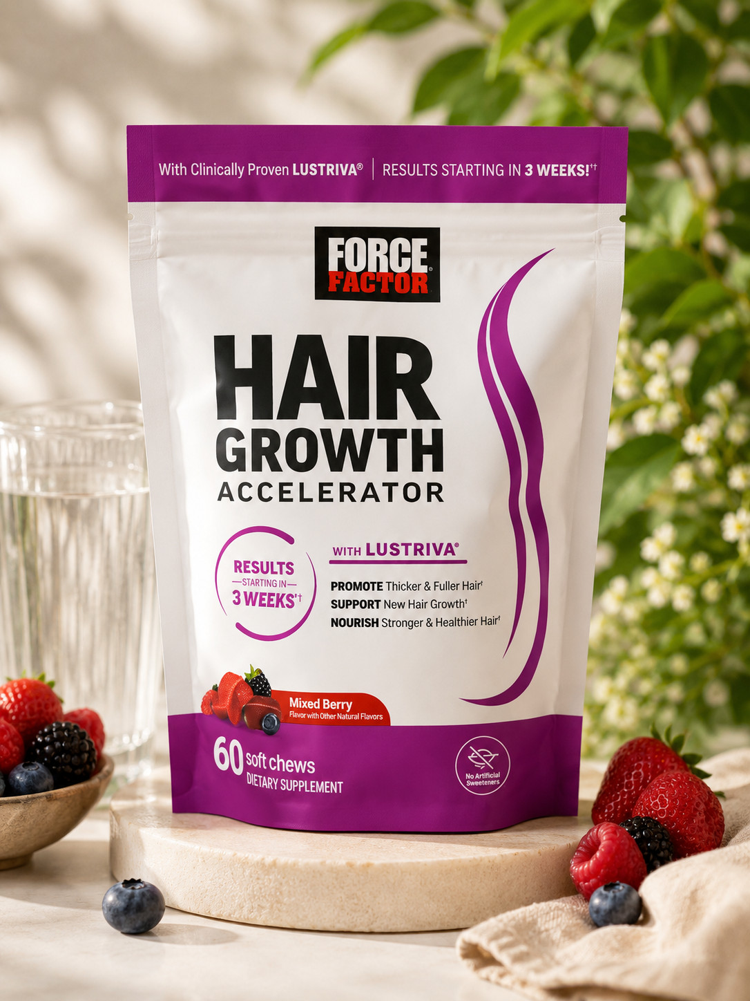 Force Factor Hair Growth Accelerator with Lustriva Mixed Berry 60 Soft Chews New