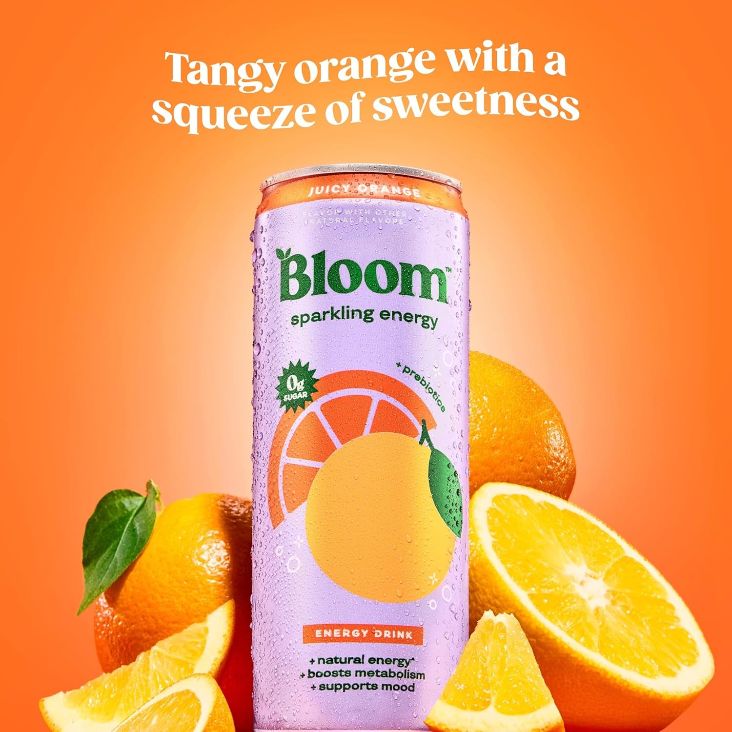 Bloom Nutrition Sparkling Energy Drink Zero Sugar Orange 12oz Prebiotic GreenTea