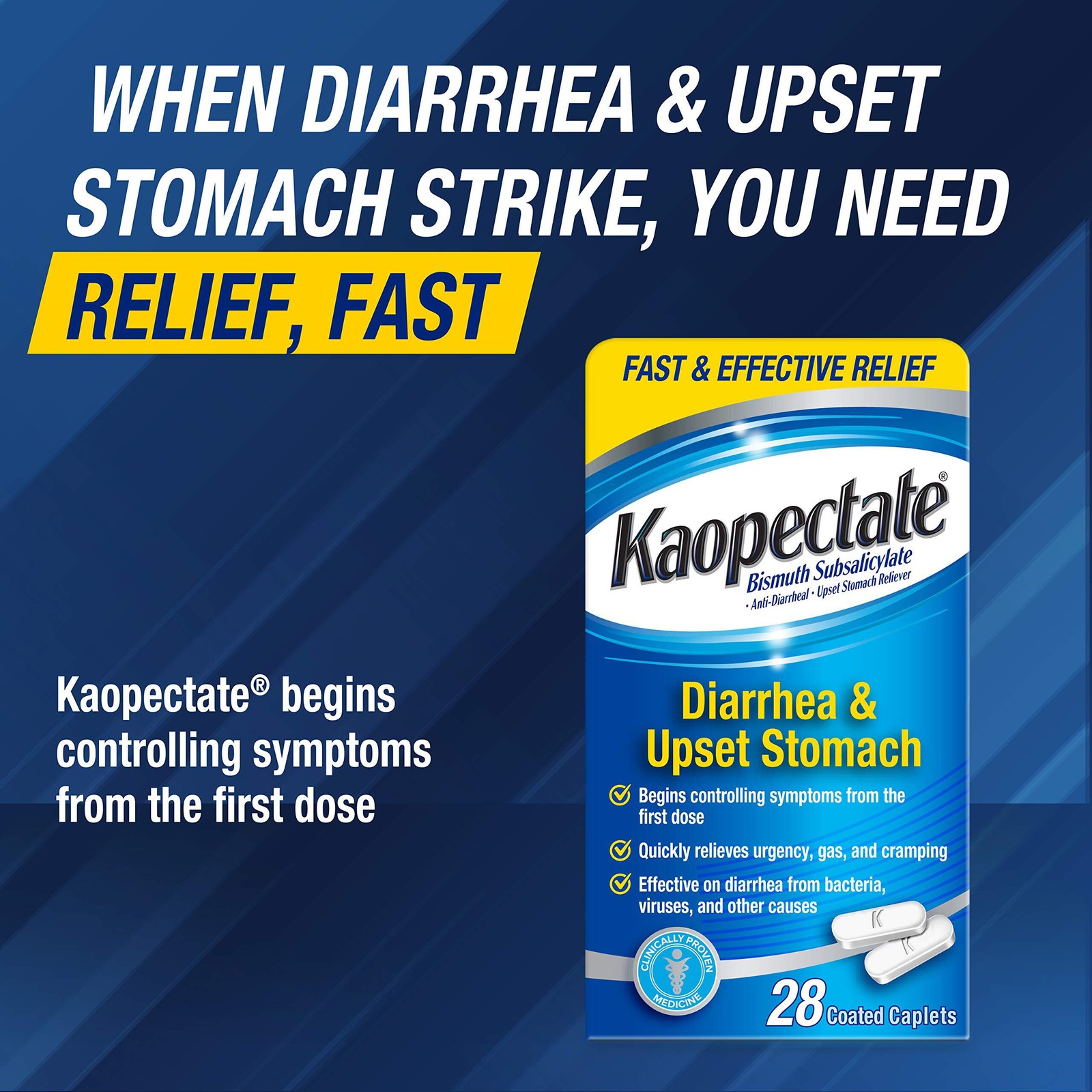 7/28 Kaopectate Multi-Symptom Anti-Diarrheal & Upset Stomach Reliever, 28 Caplet