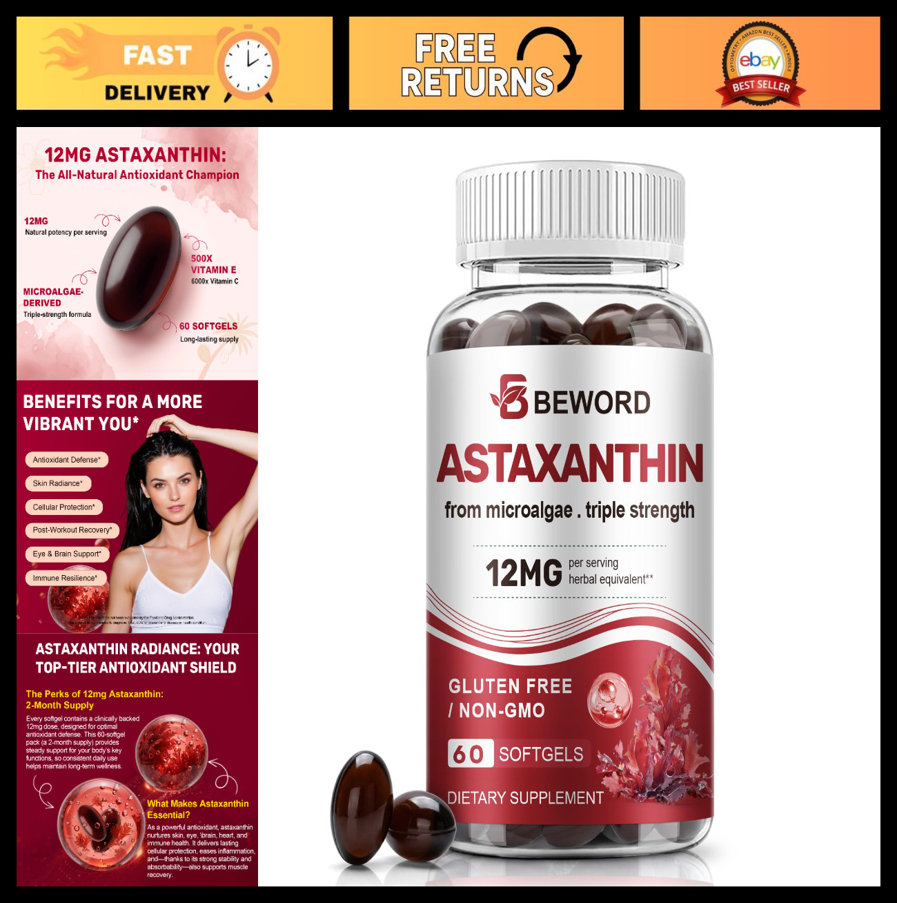 Astaxanthin 12mg with MCT Oil – 60 Softgels | Premium Antioxidant Supplement | S