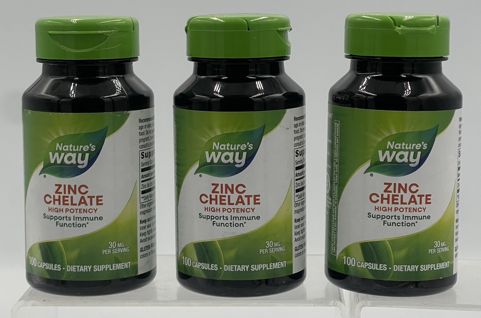 Lot of 3 Nature’s Way Zinc Chelate 30mg 100 Capsules Each 300 Total EXP 03/2028