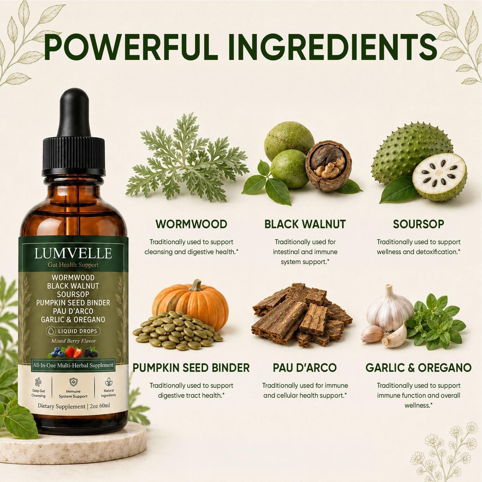 LUMVELLE Wild Harvested Wormwood Herbal Liquid Botanical Supplement Drops 60ml