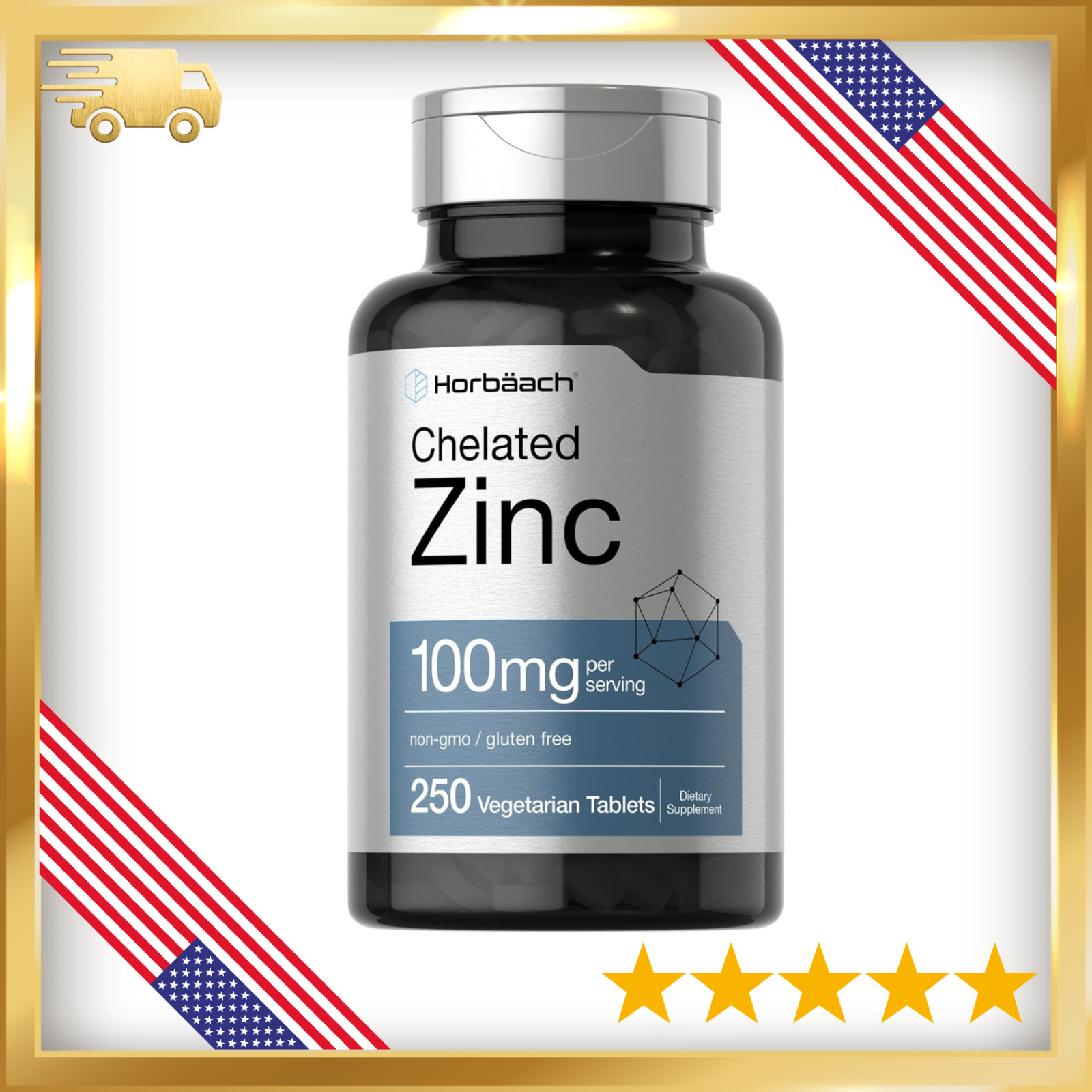 Chelated Zinc Supplement 100mg | 250 Tablets | High Potency | by Horbaach