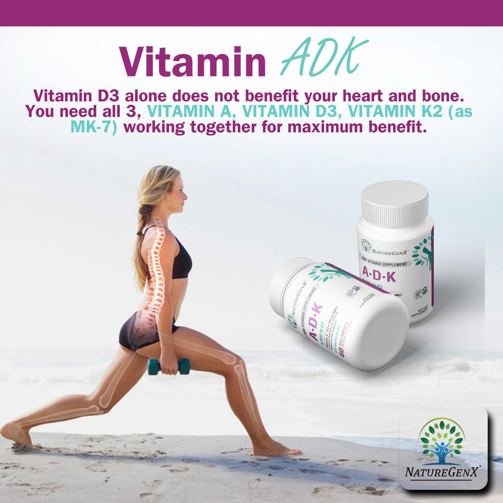 ADK Vitamin Supplement w/ Vitamins A, D3, K2 as MK7 for Bone Heart Immune Health