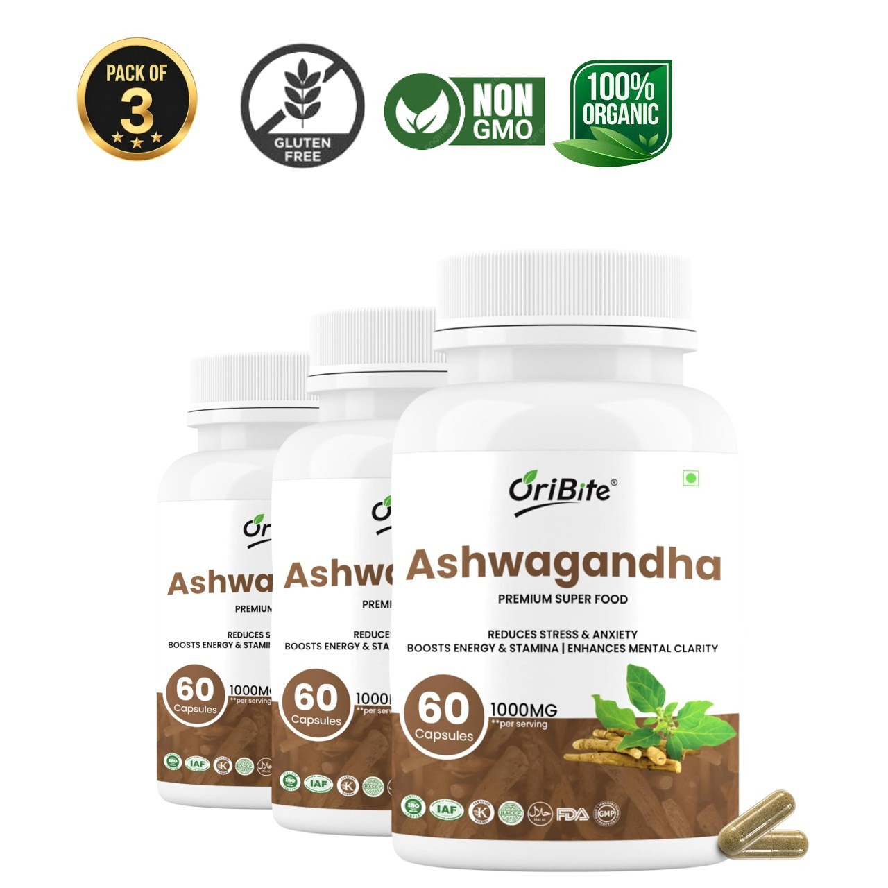 3 Pack ORI .BITE Ashwagandha 1000mg Caps 180 Ct