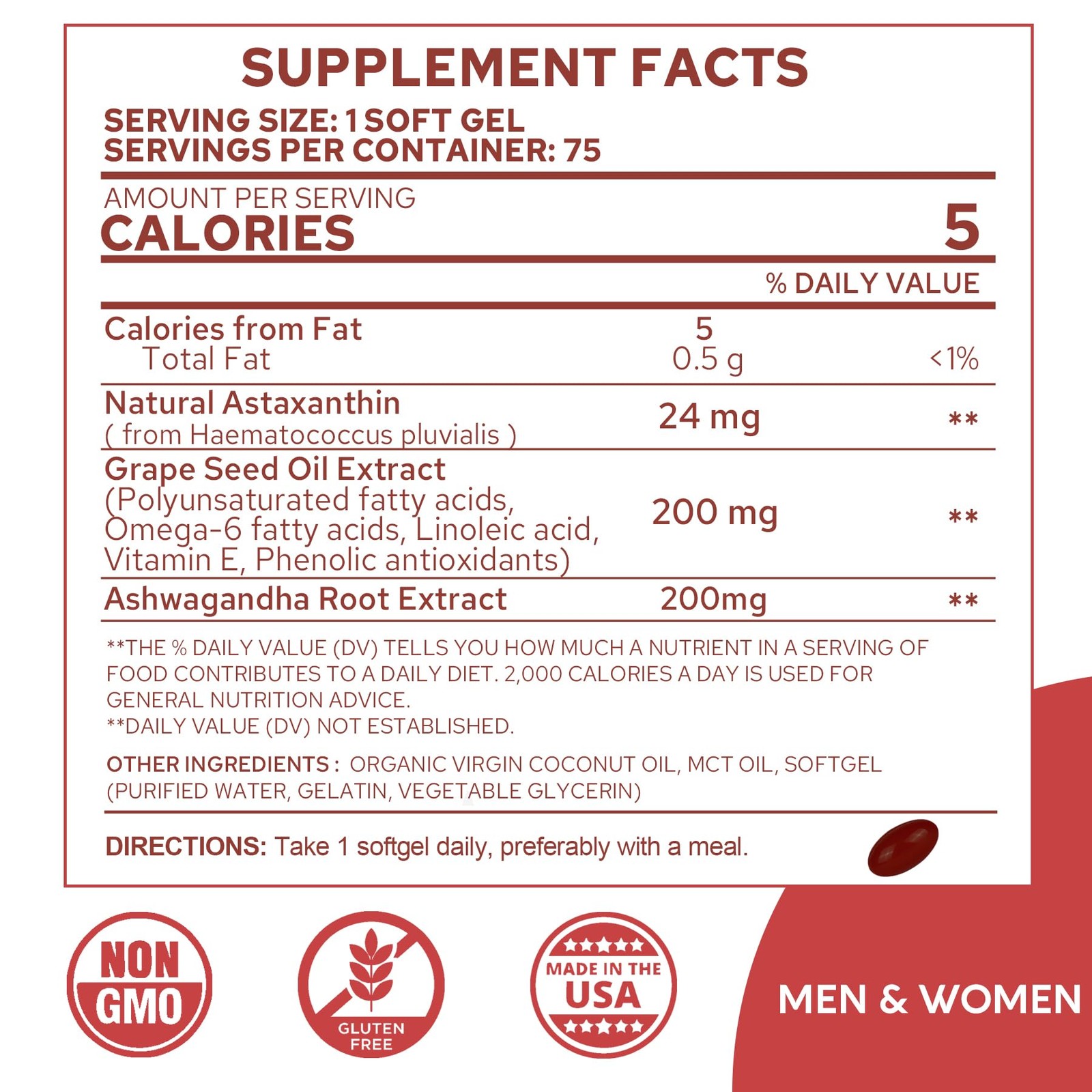 Astaxanthin Supplements 24mg, 5 Month Supply Coconut MCT Oil, Fresh Microalg…