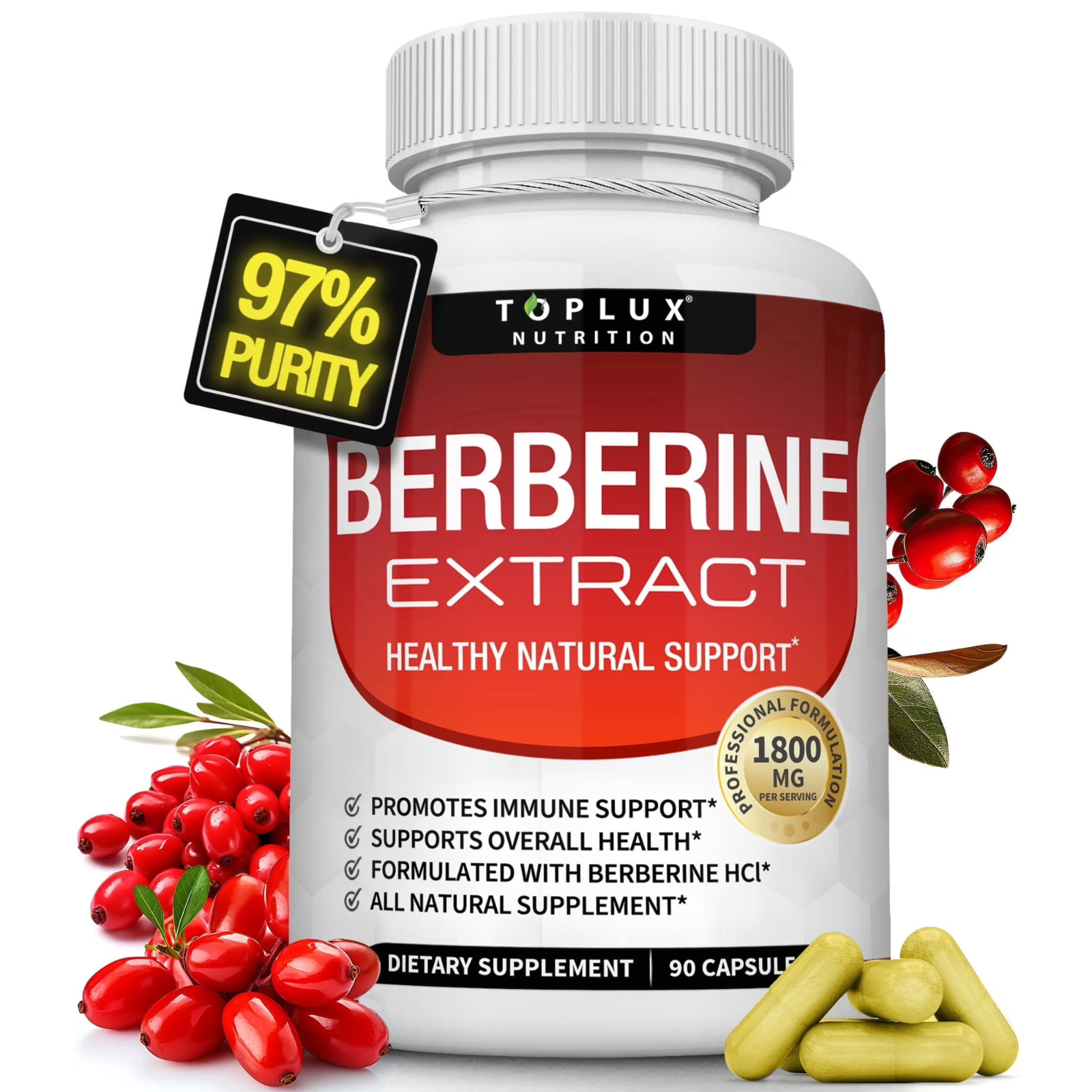 Toplux Berberine HCL Supplement 1800mg Healthy Support 90 Capsules