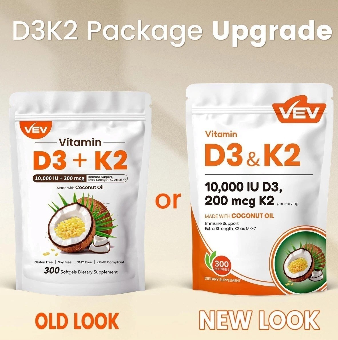 VEV Vitamin D3 K2 MK7 Softgels 10000IU D3 200mcg MK-7 with Coconut Oil 300 Count