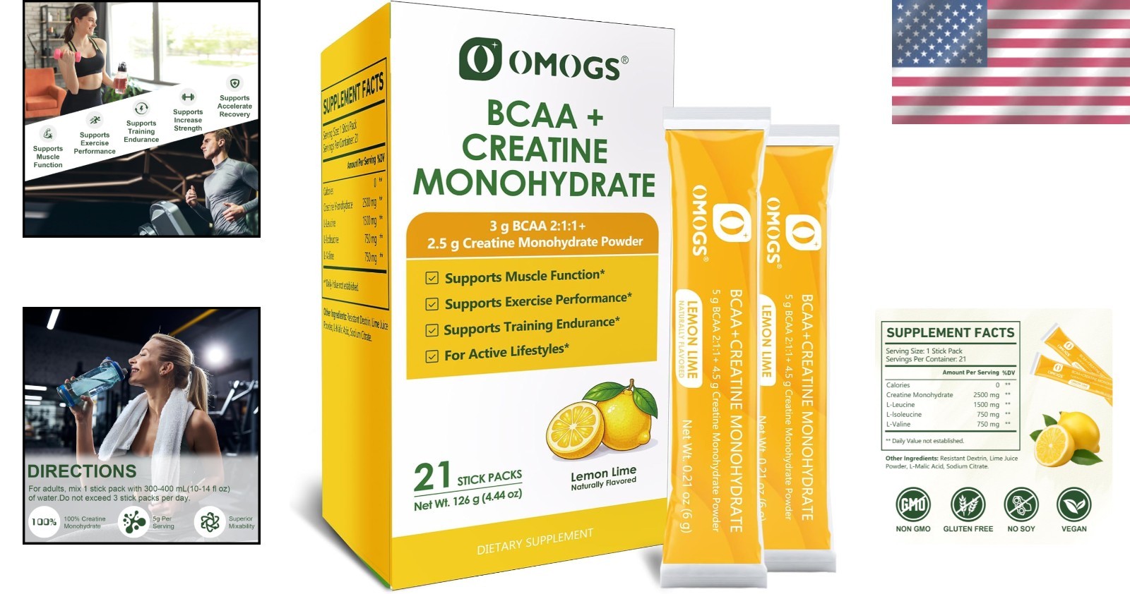 Natural Lemon Flavored Creatine Monohydrate + BCAA, 3.2 oz for Energy & Recovery
