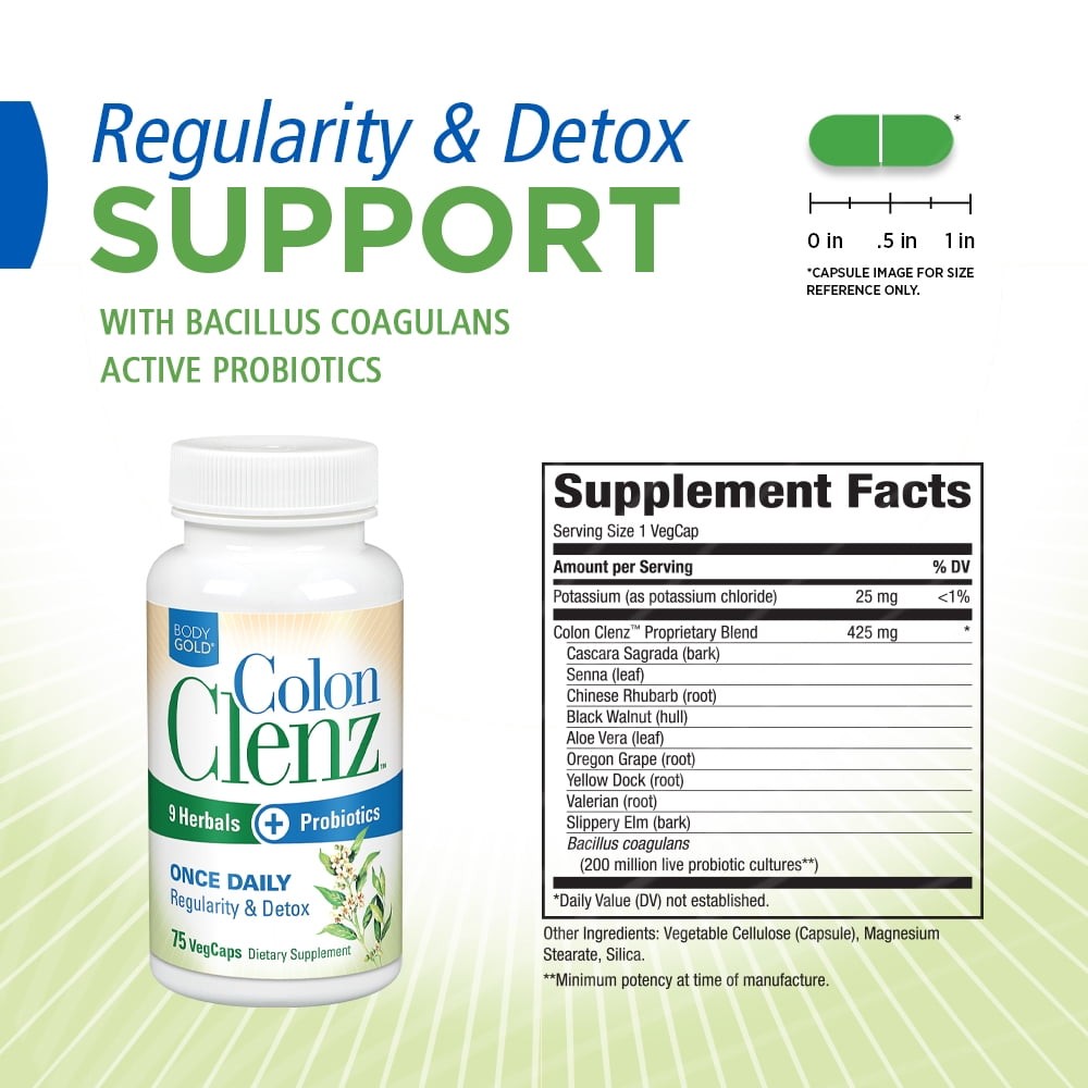 Body Gold Colon Clenz Regularity & Detox Formula | Once 75 Count Pack of 1
