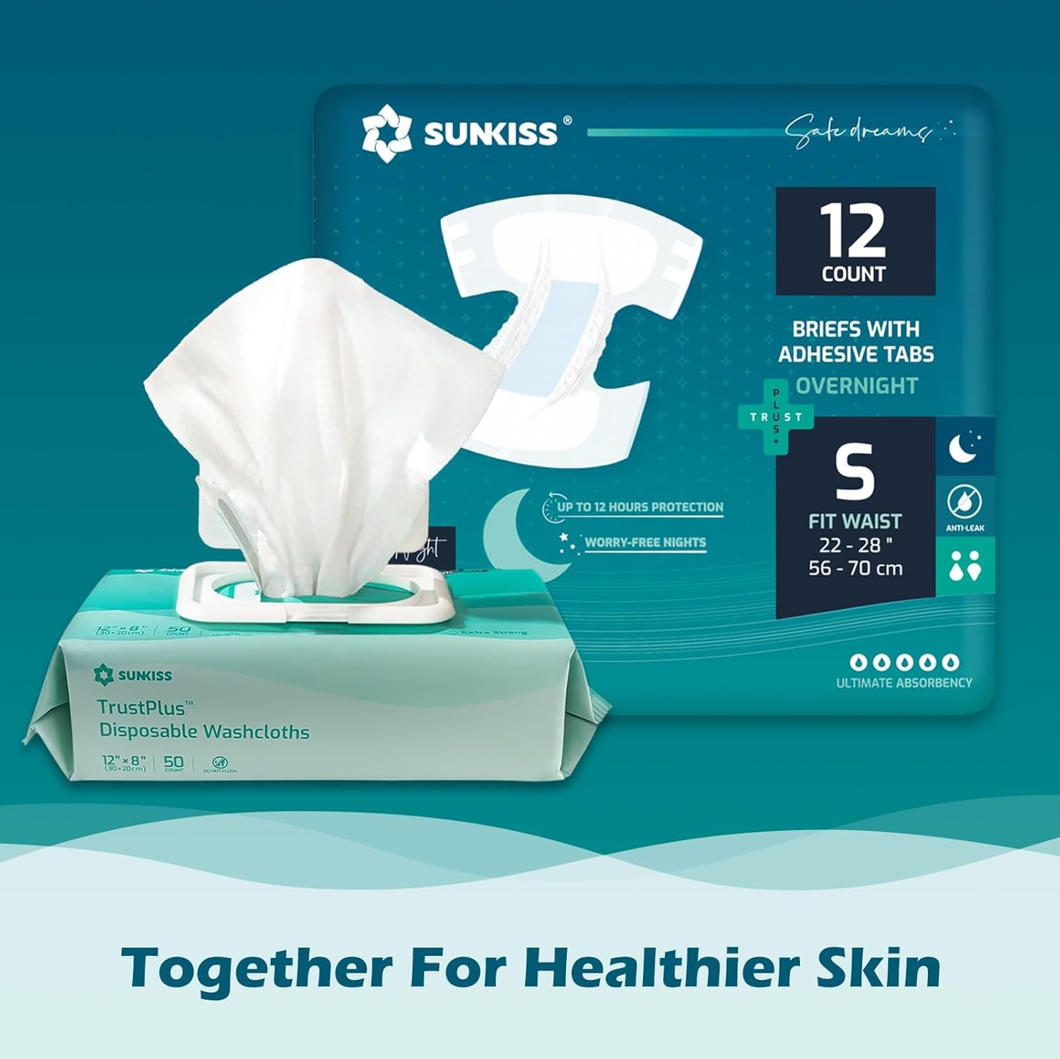 SUNKISS TrustPlus Overnight Adult Diapers with Tabs, Unisex Disposable Inconti