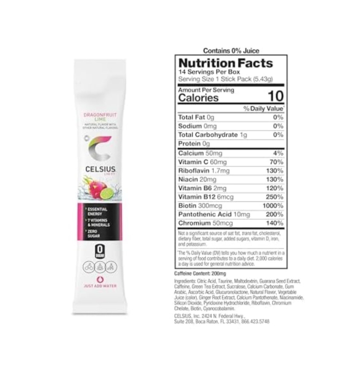 Celsius Essential Energy Powder Drink Mix Sticks Dragonfruit Lime 14ct Vegan
