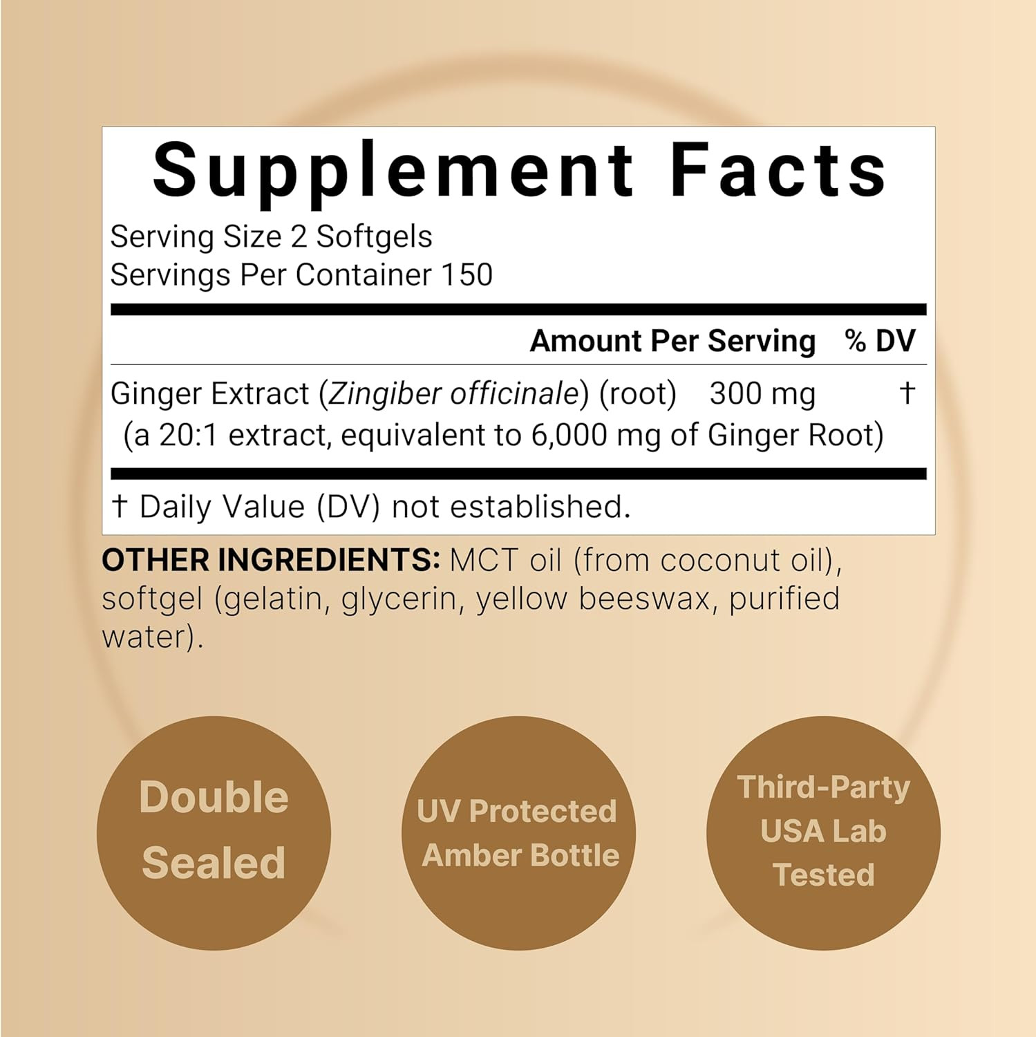 Ginger Root with MCT Oil Softgels 6000Mg Equivalent, 20:1 Extract, 300 Count