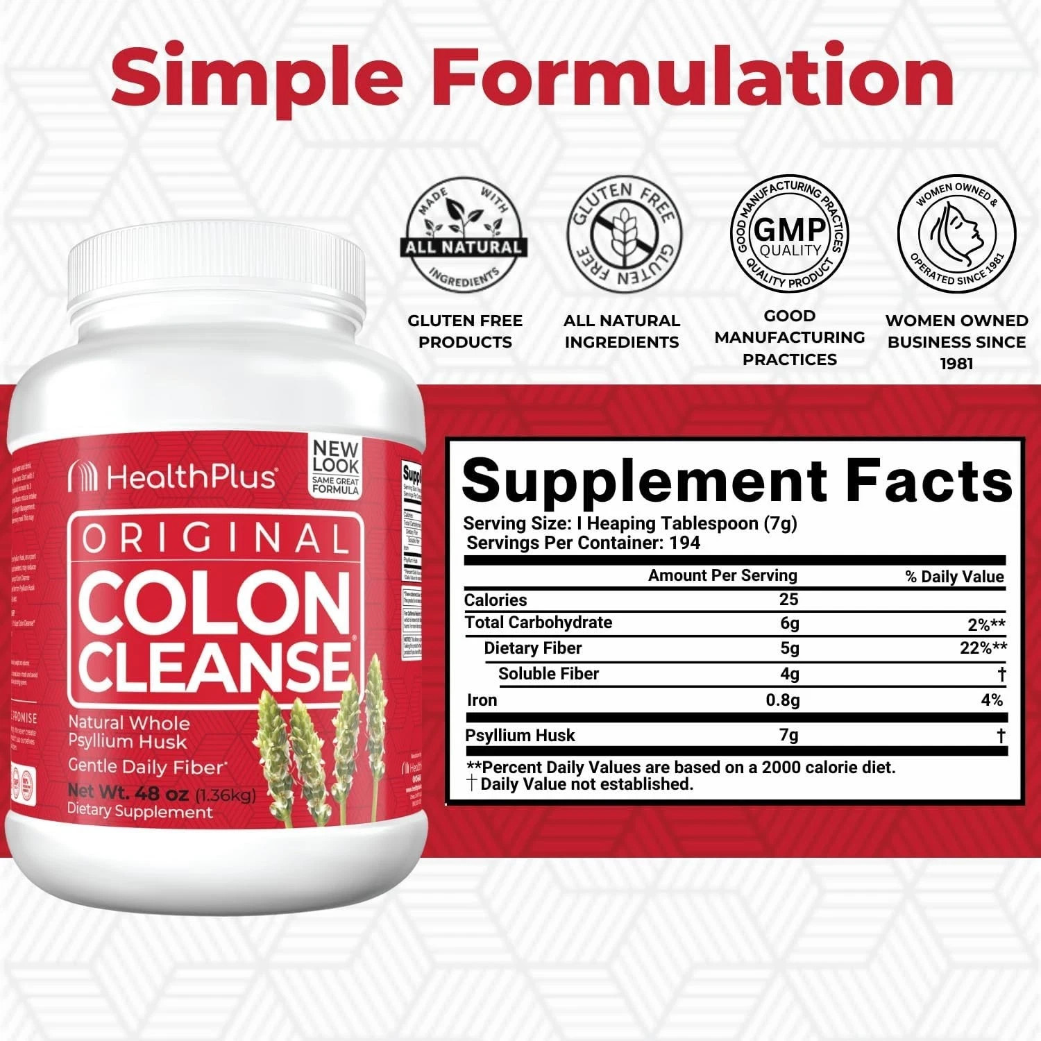 Health Plus Original Colon Cleanse – Psyllium Husk Powder – 48 oz –
