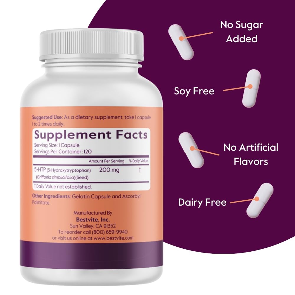 BESTVITE 5HTP 200mg per Capsule 240 Capsules 120 x 2 No Stearates No Flow A…