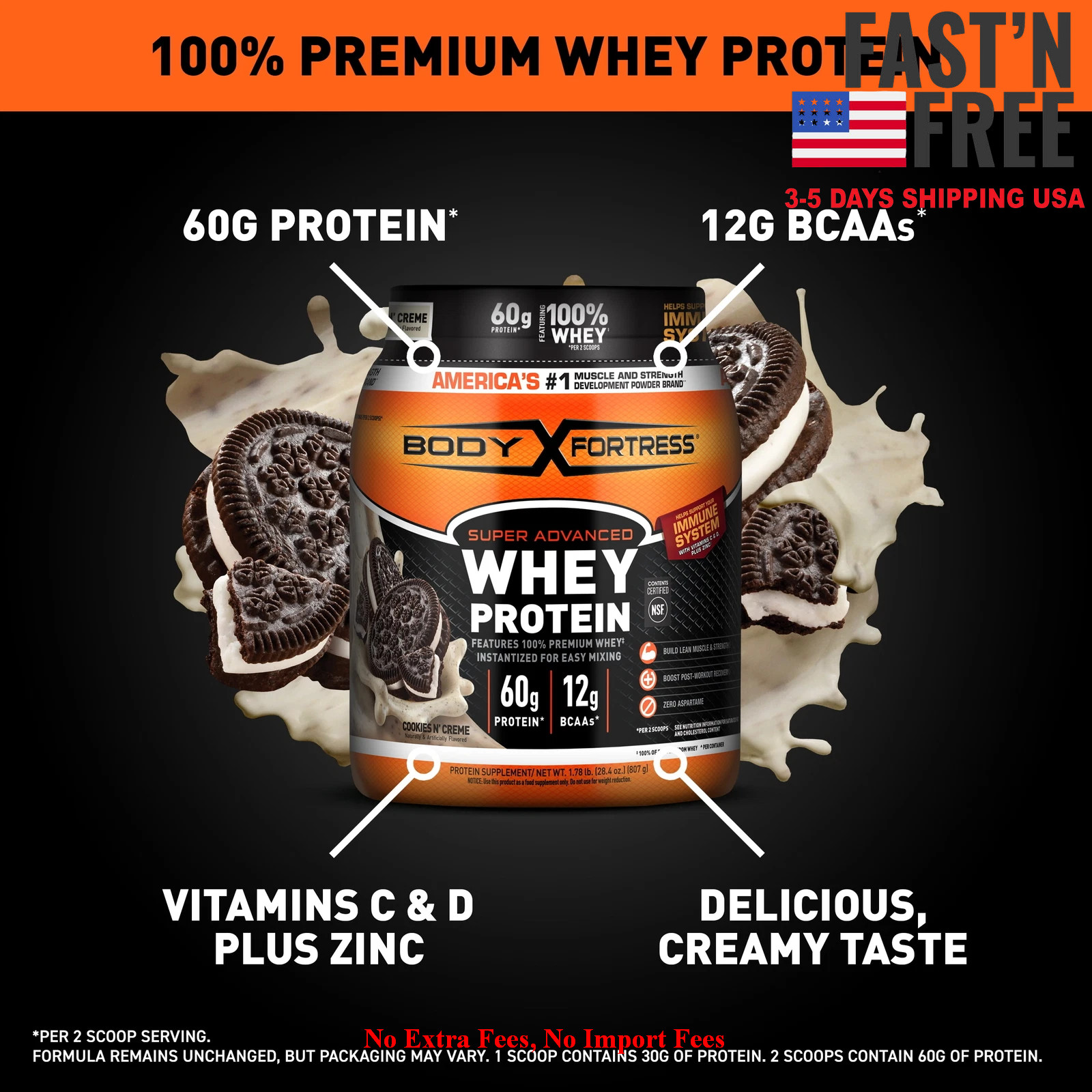 Body Fortress Super Advanced Whey Protein Powder, Cookies N’ Crème, 1.78 lb