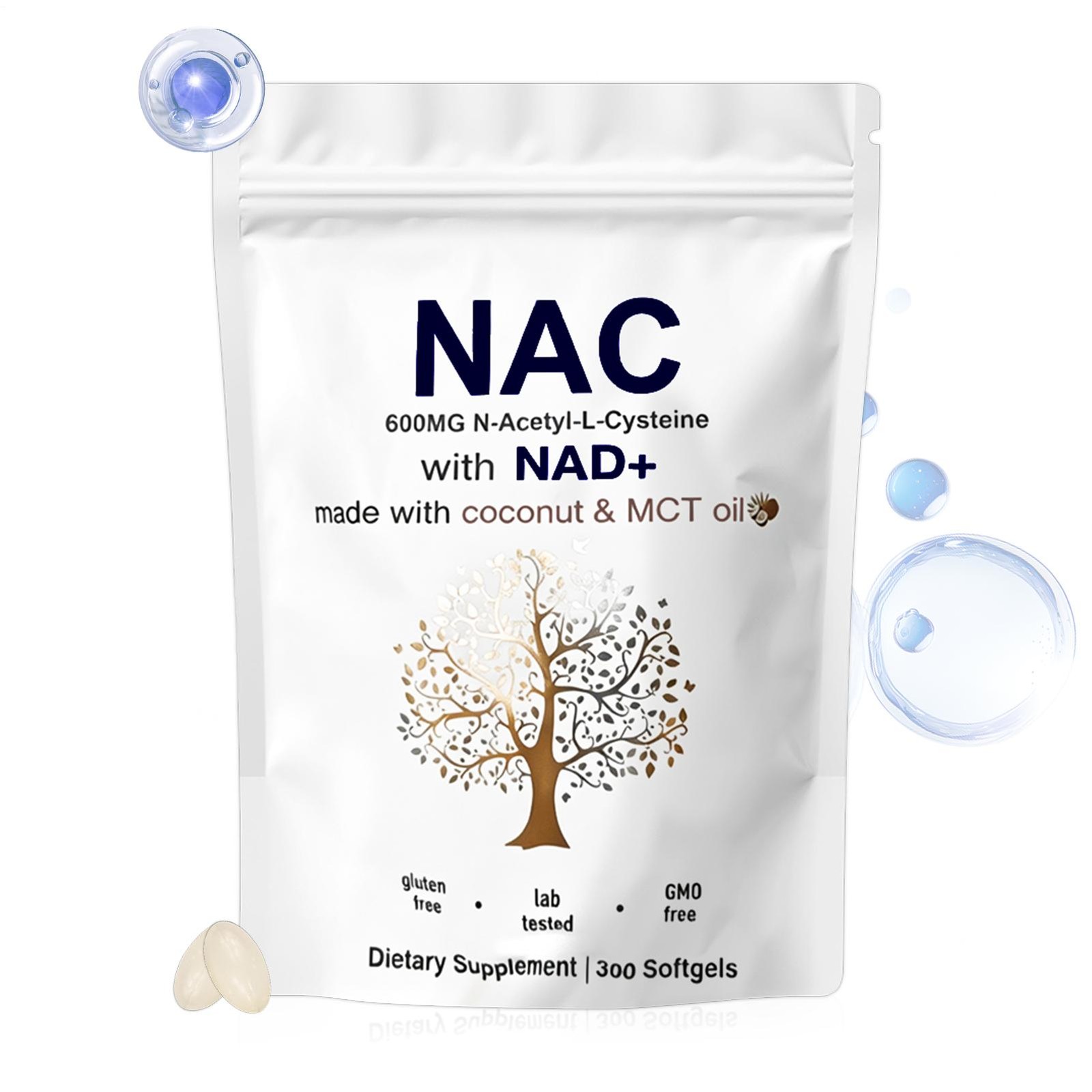 NAC 600mg with NAD+, 300 Coconut MCT Oil Softgels | N Acetyl L Cysteine 1 Pack