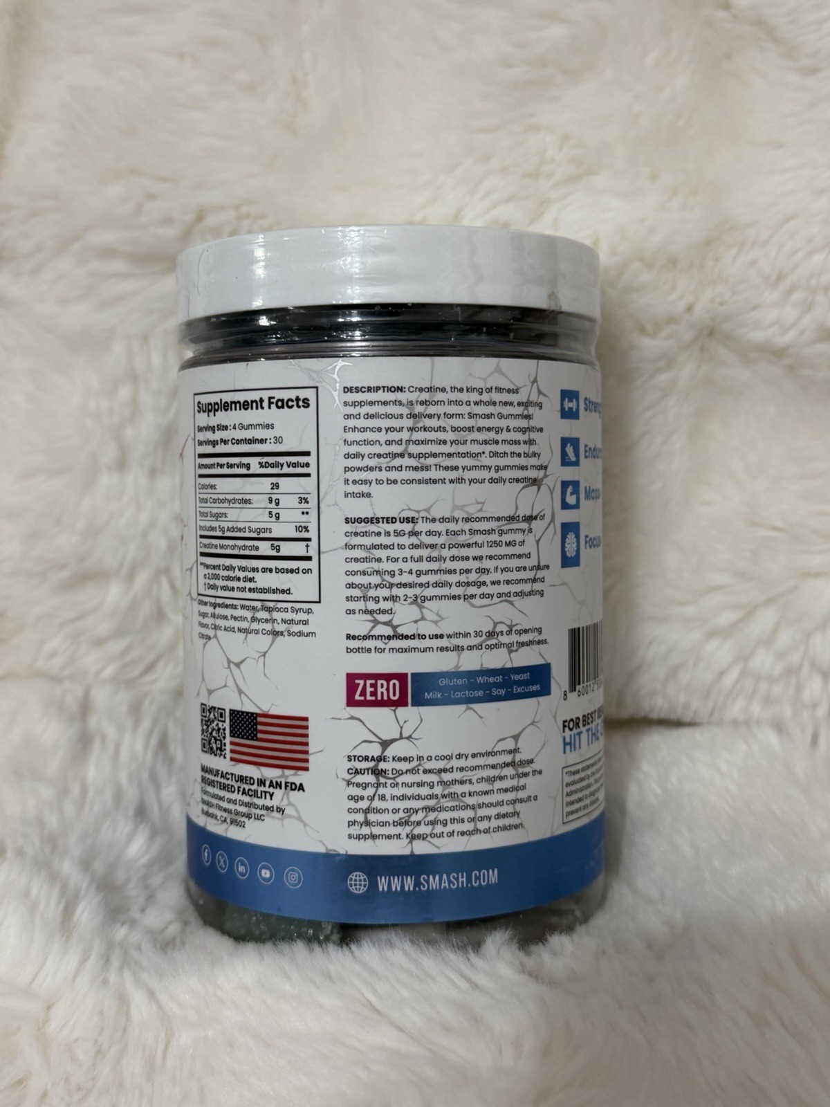 SMASH Creatine Gummies – 5 grams – Blue Raspberry Flavor – 120 gummies- USA Made