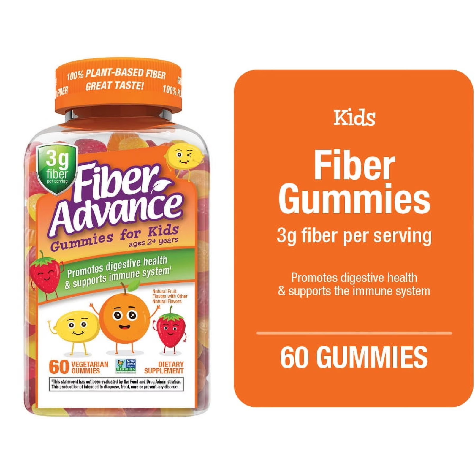 Fiber Advance Kids Digestive Health Fiber Supplement Gummies, Natural Fruit, 60