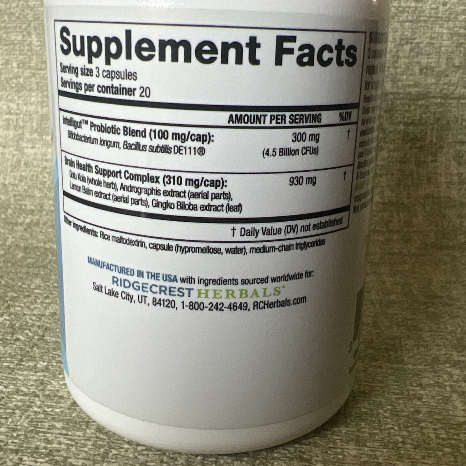 RidgeCrest Herbals Intelligut, Brain Health & Probiotics, 60 Ct Exp 08/25