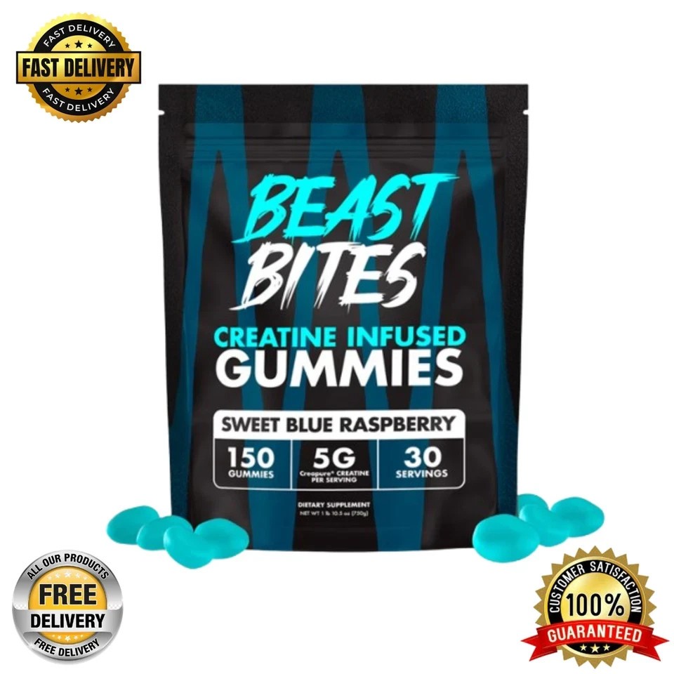 3 PACKS-Beast Bites Creatine Infused Gummies Sweet Blue Raspberry – 30 Servings