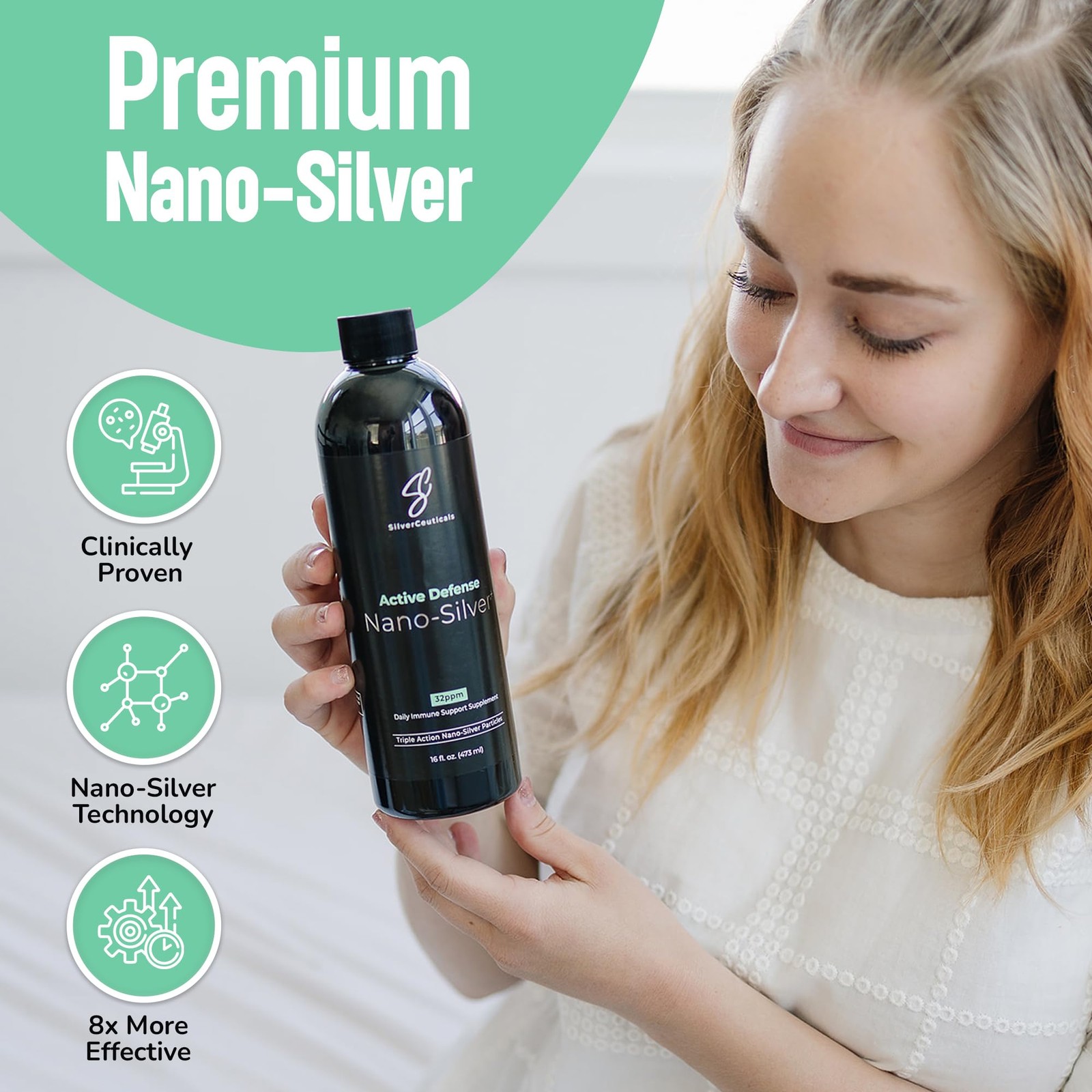 Colloidal Silver w/Nano Technology 32ppm 16oz 8X More Effective Natural Im…