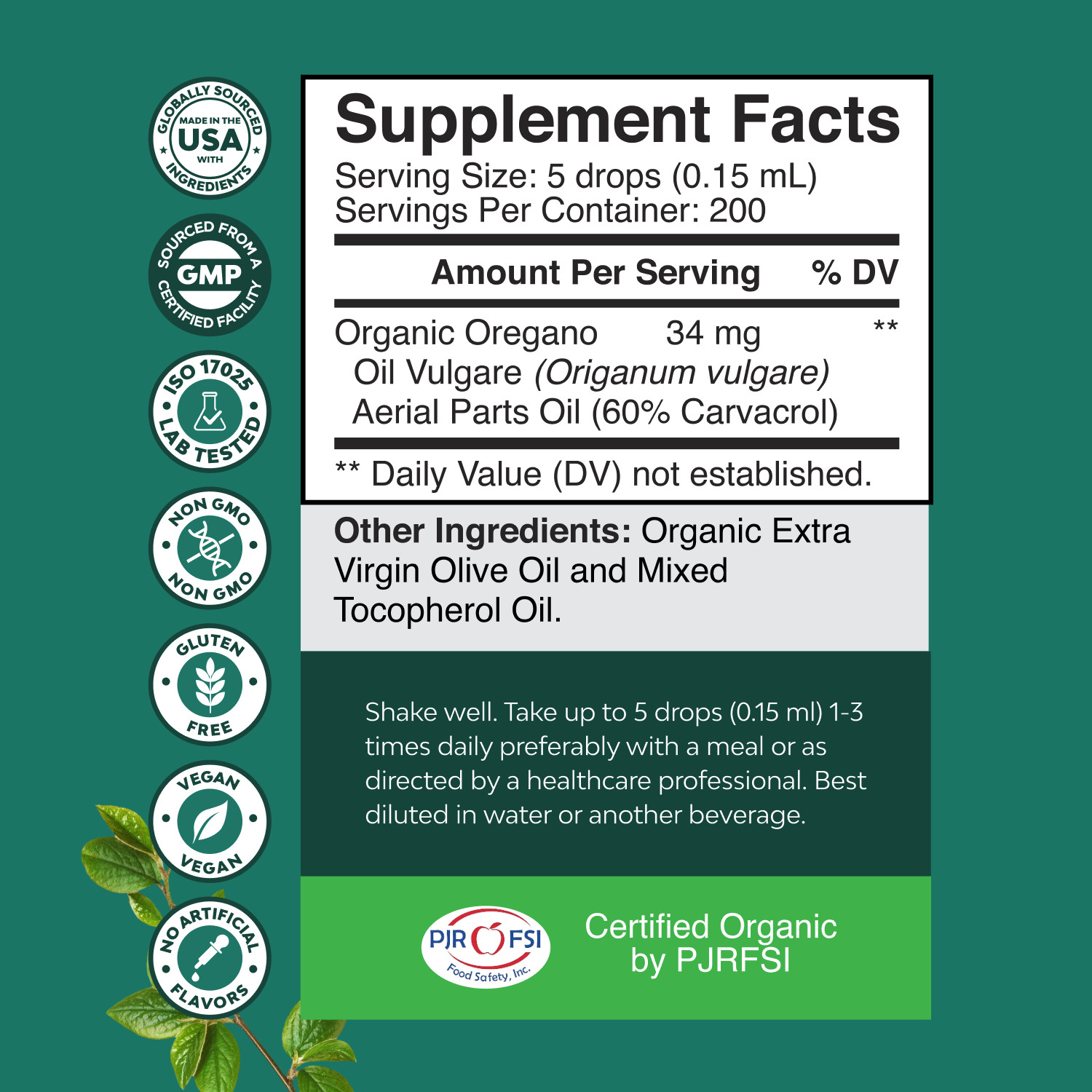 Oregano Oil Organic Liquid Drops for Adults and Kids – Super Concentrated USDA