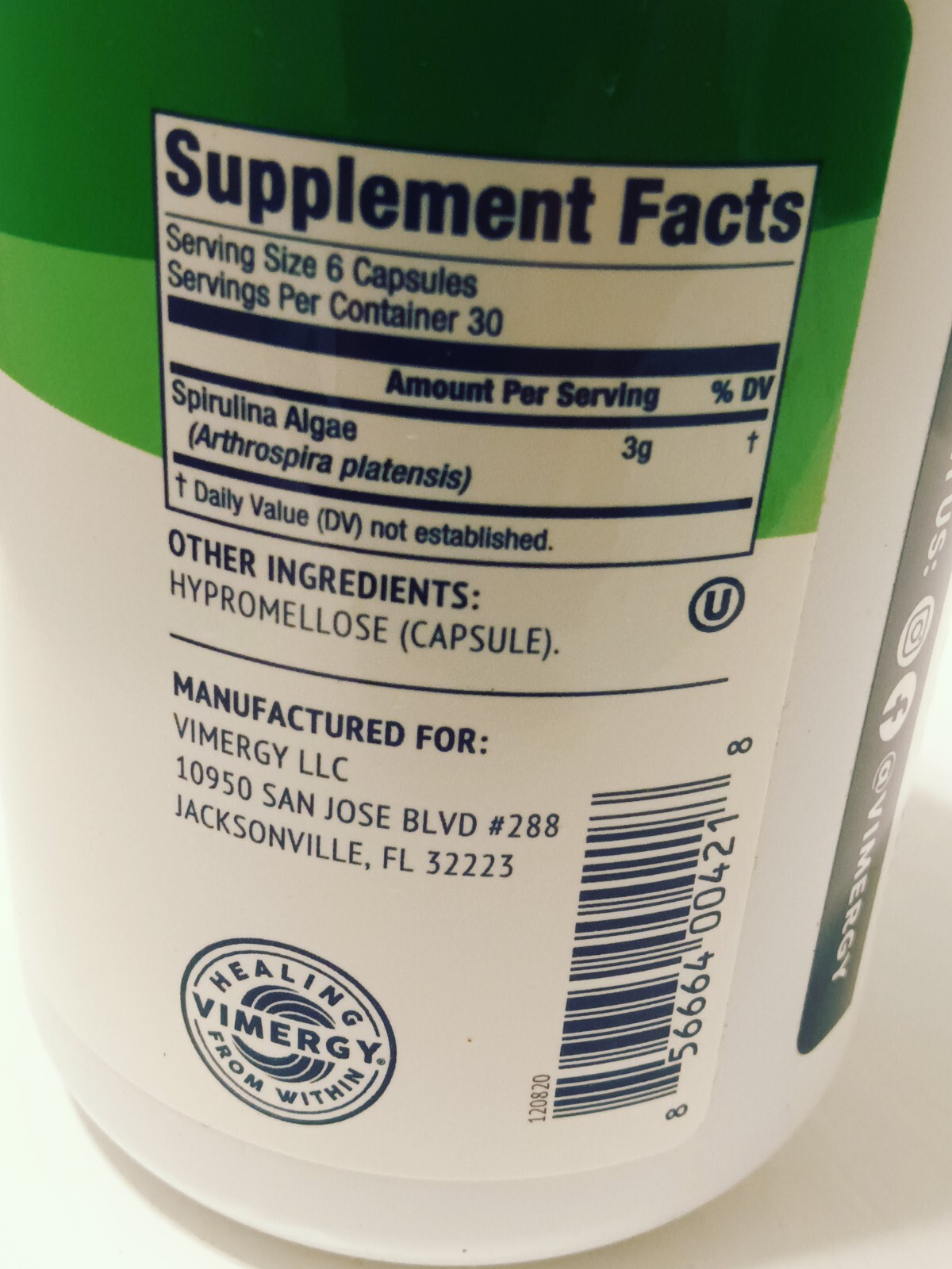Vimergy Natural Spirulina Capsules – Super Greens Supplement.Exp:09/2026