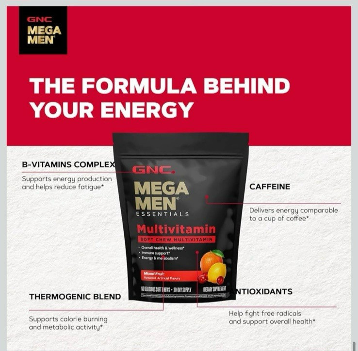 GNC Mega Men Soft Chew Multivitamin Energy Metabolism 60 Ct Exp 08/26