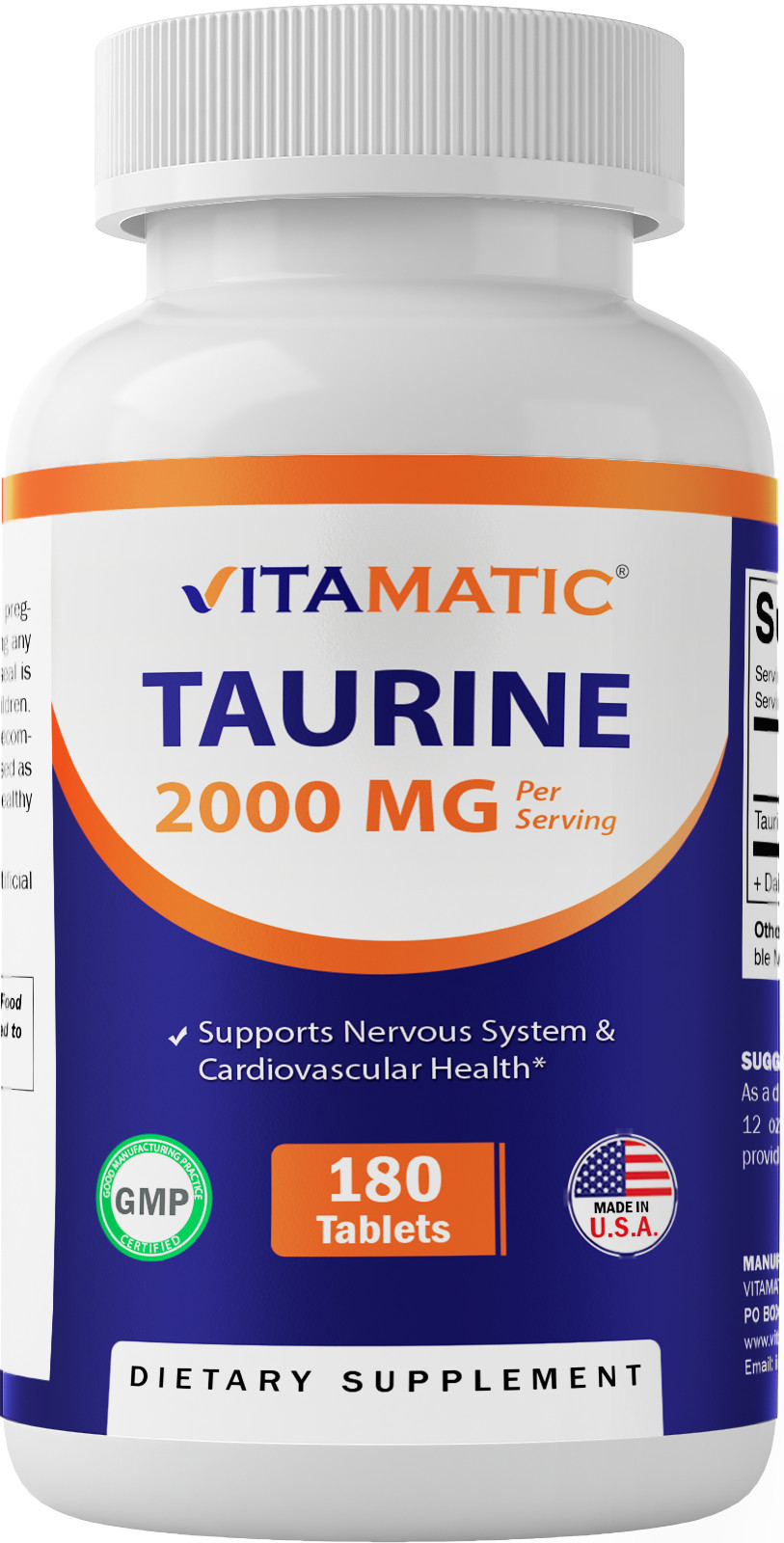 Vitamatic Taurine 2000mg Vegetarian Tablets, 180 Count, Non-GMO, Gluten Free