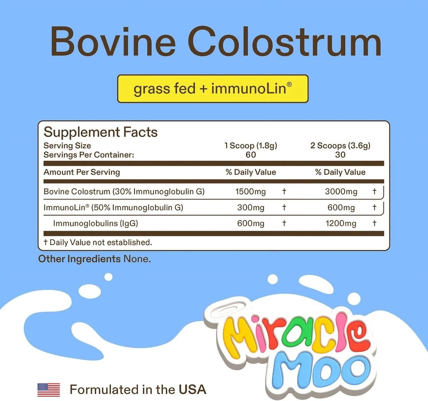 Moo Miracle Mother Natures Bovine Colostrum grassfed+ immunolin Supplement 60 SV