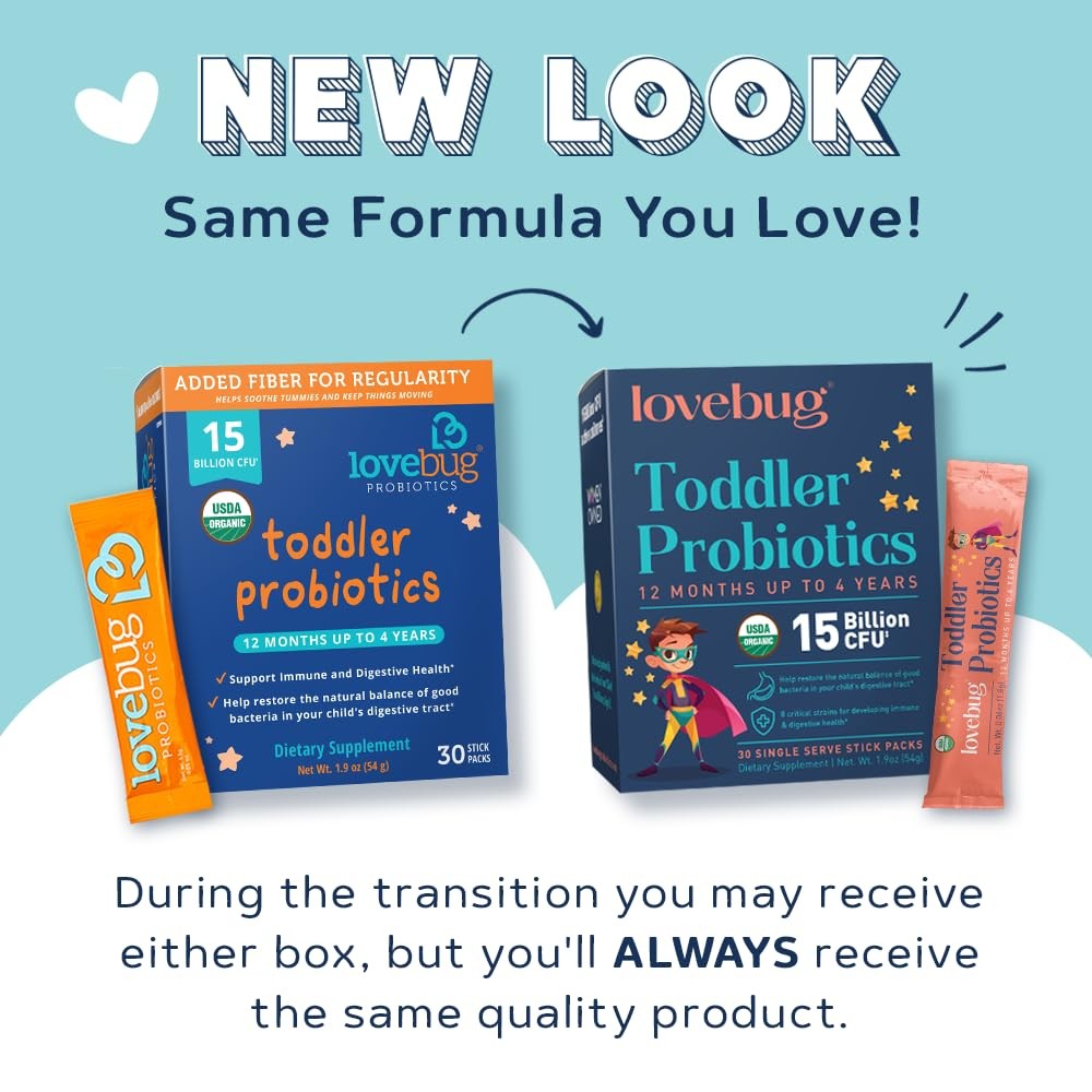 Lovebug Toddler Probiotics – Organic Probiotic, Ages 12 Mo’ to 4 Year – 30 Pack
