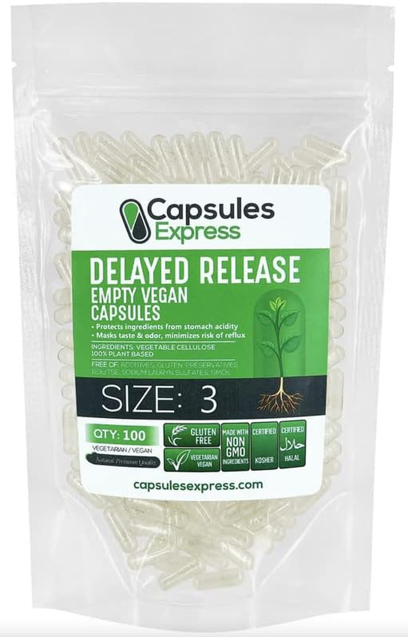 Delayed Release Size 3 Empty Capsules – 100 Count Clear Empty Vegan Capsules – V