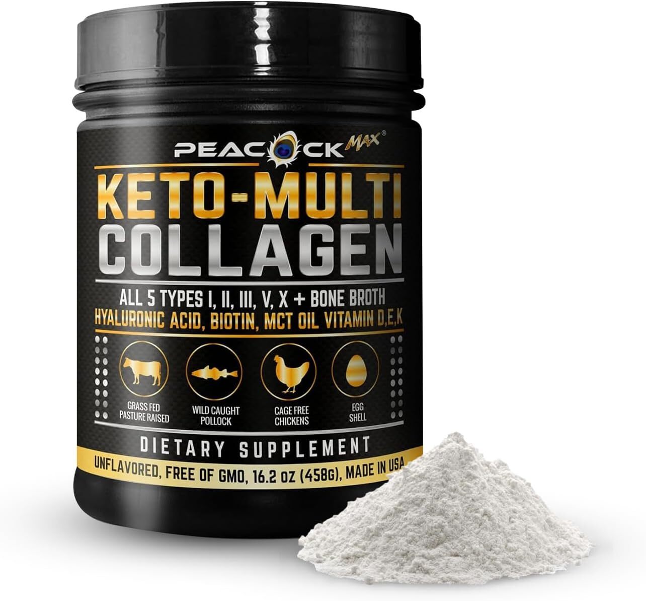Peacock Max Keto Collagen Peptides 16.2oz Bone Broth MCT Biotin Protein