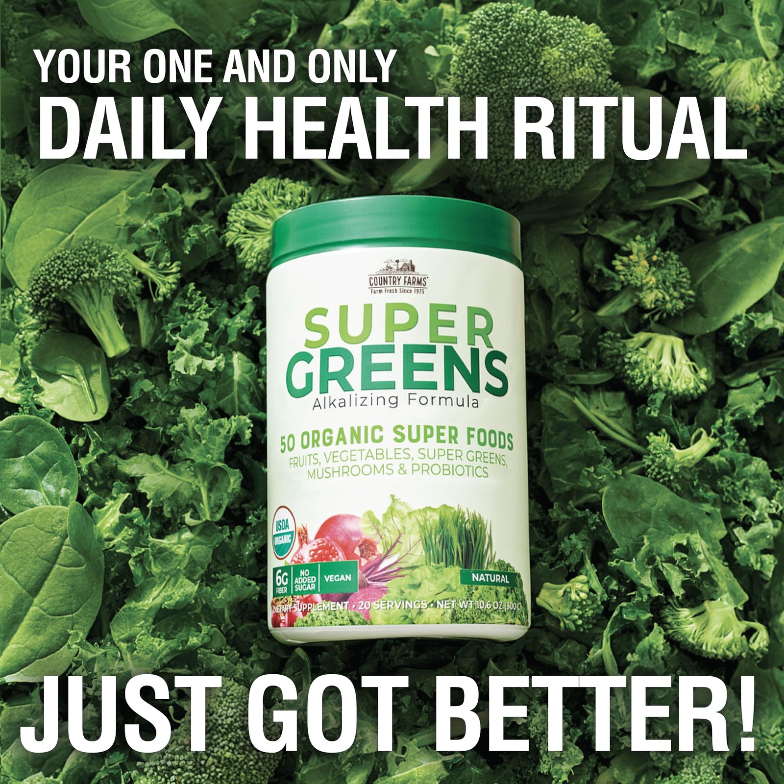 Country Farms Organic Super Greens Powder, 50 1 Count (Pack of 1), Green