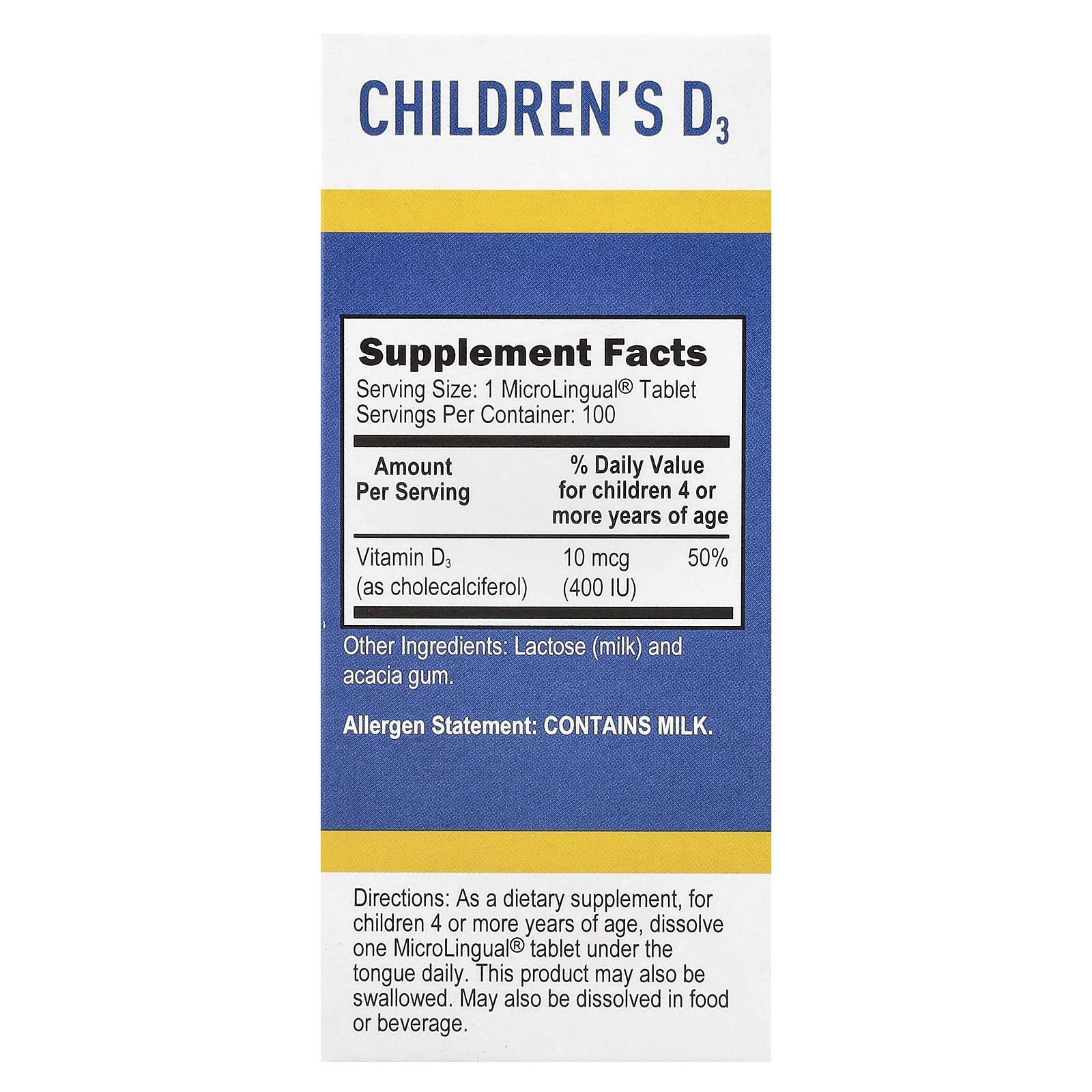 Children’s D3, 10 mcg (400 IU), 100 MicroLingual Instant Dissolve Tablets