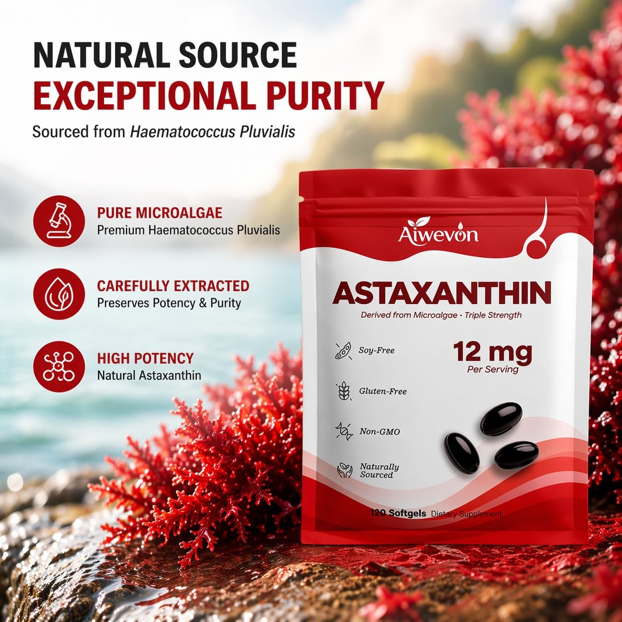 Astaxanthin 12mg Softgels Natural Microalgae Supplement 120 Count Capsules for