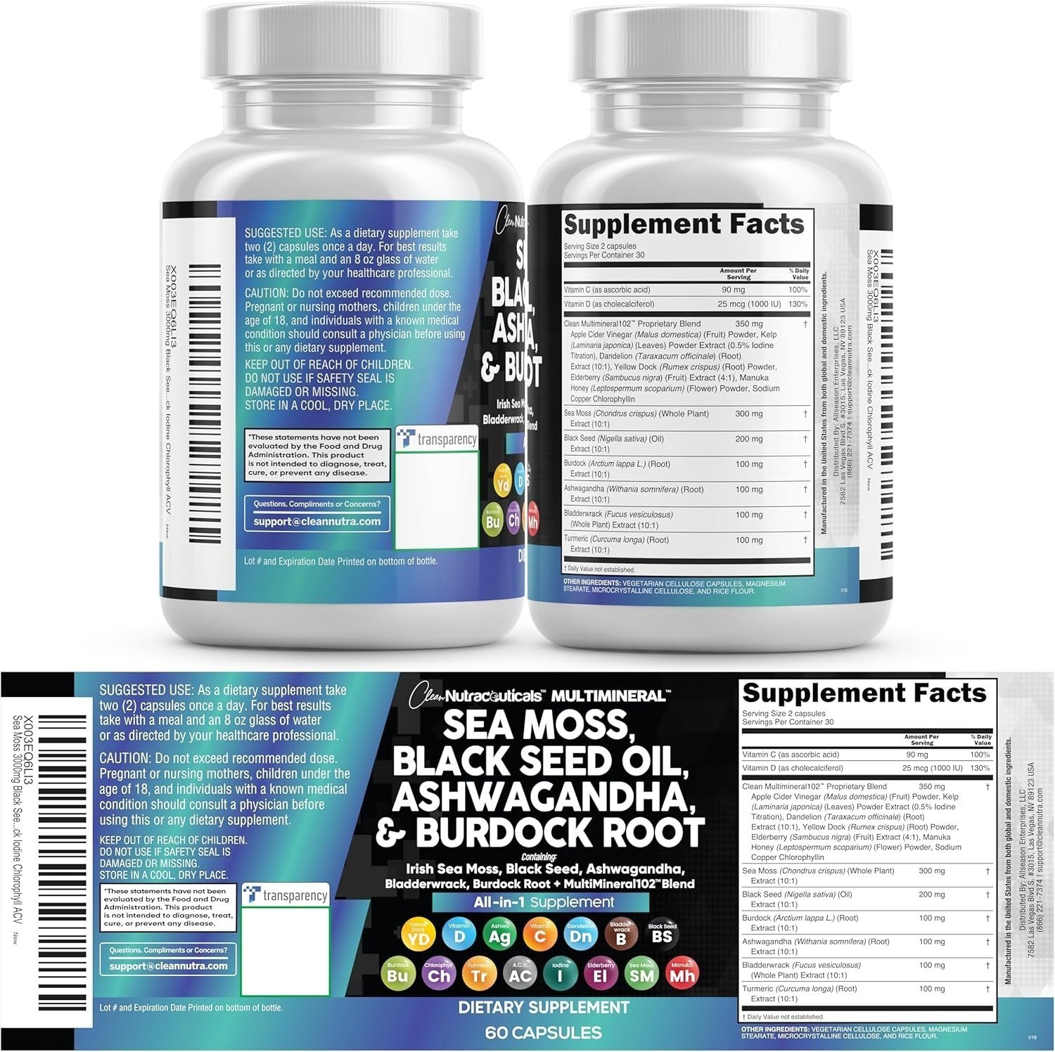 60 Caps Clean Nutraceuticals Sea Moss Blend Black Seed Ashwagandha Vitamins