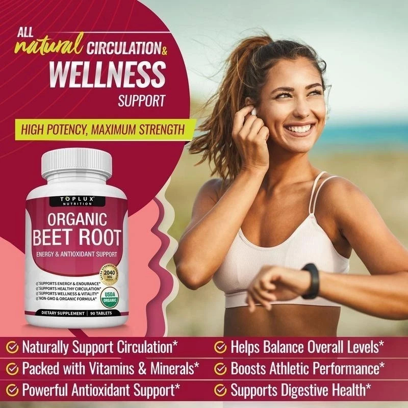 Toplux pure Beet Root 2040mg with Black Pepper 90 Tablets Energy Circulation-