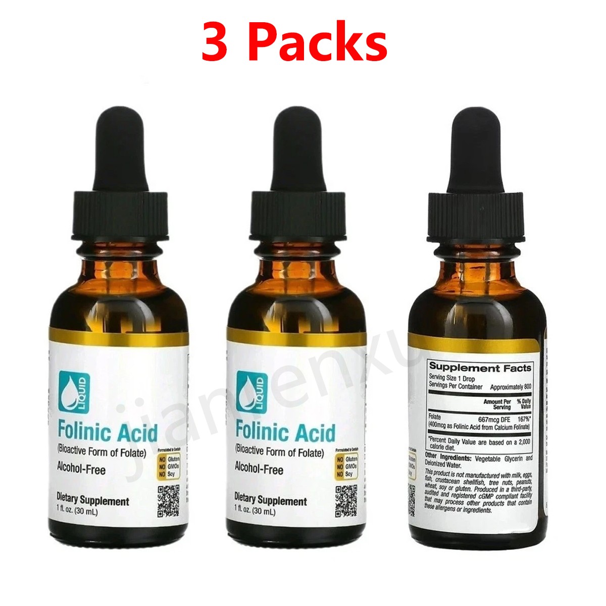 BUY 2 GET 1 FREE California Gold Nutrition Folinic Acid Alcohol 1oz/30ml- 3 Pack