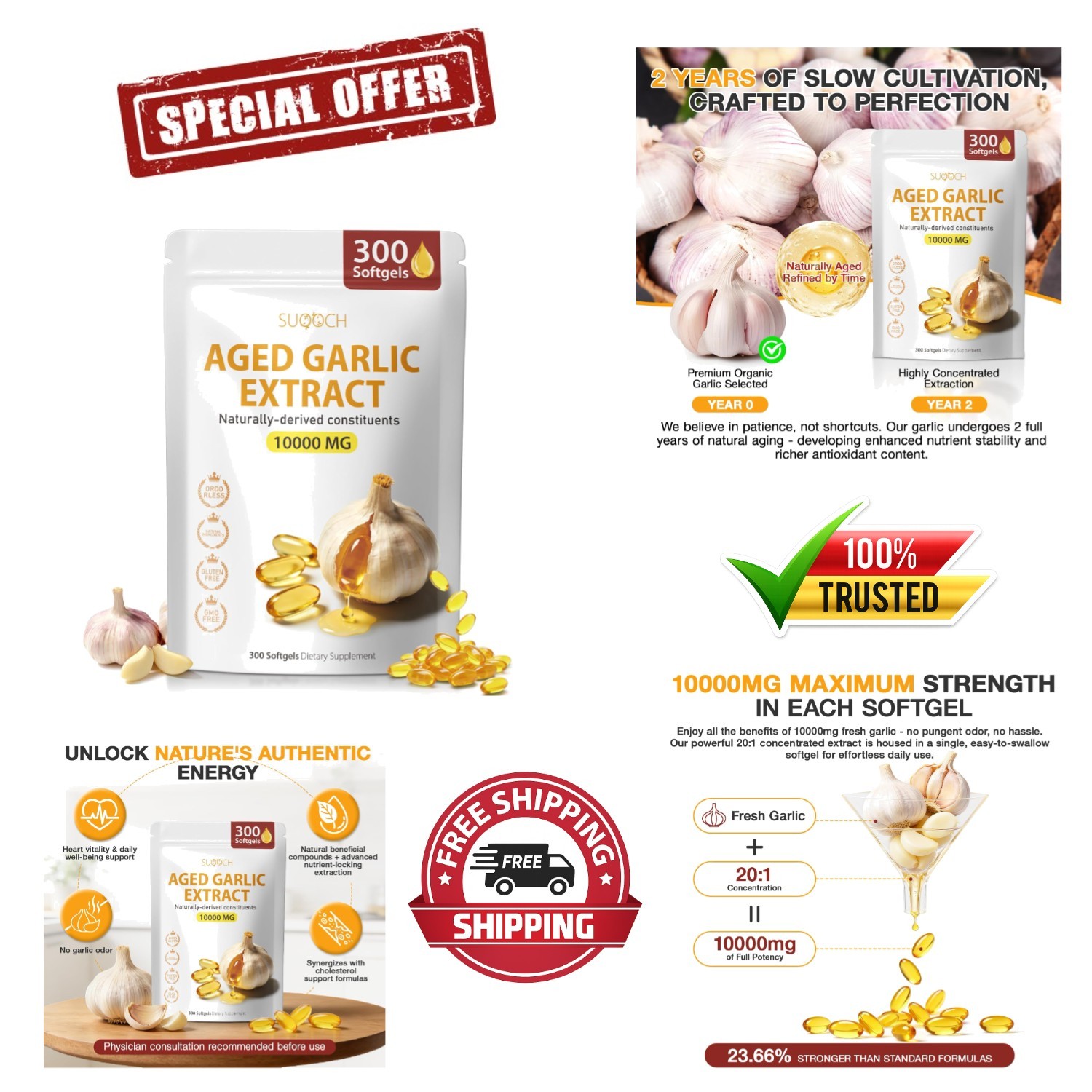 Gentle, Odor-Free Aged Garlic Supplements – 300 Softgels for Heart & Gut Health