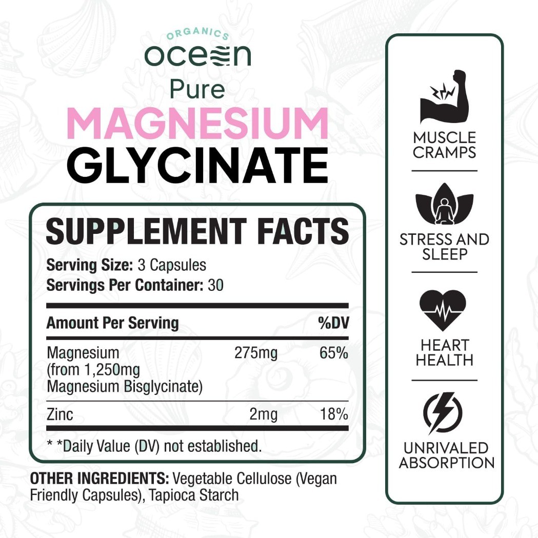 Organics Ocean Pure Magnesium 90 for Women and Men Glycinate Capsule sealed