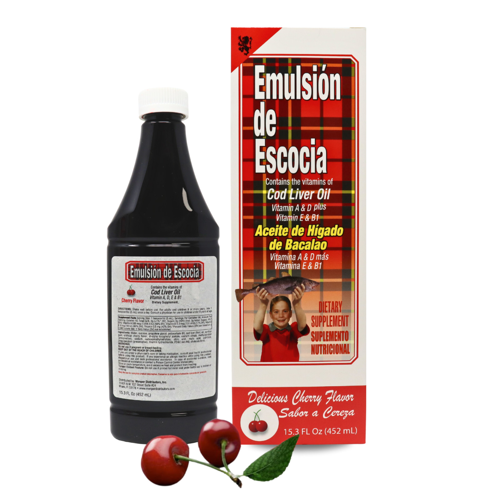 Emulsion de Escocia Cod Liver Oil 15.3 fl oz, Cherry Flavor with Vit A, D & E