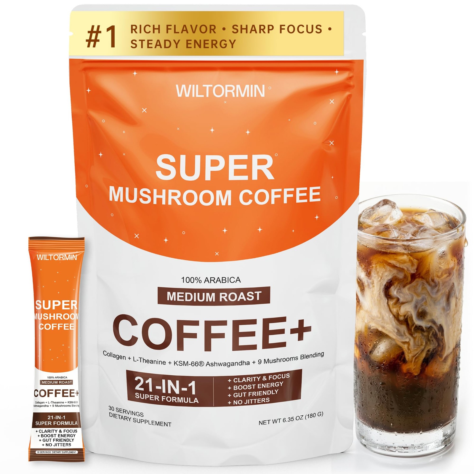 Wiltormin Mushroom Coffee 9 Adaptogenic Mushrooms Collagen Lions Mane Ksm-66